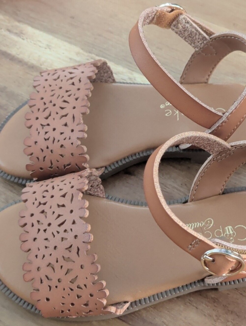 Cupcake Couture Floral Laser-Cut Slingback Sandals in Tan